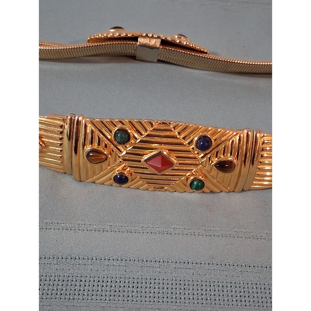 JudithlieberVintage Gold Tone Stretch Belt Multi Color Cabochon Snake Chain 31in